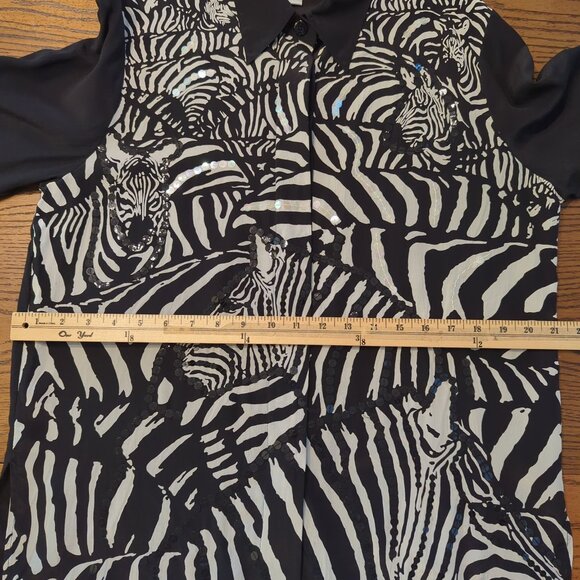 Vintage Diane Gilman Zebra Print Button-Up Black‎ White Silk Sequin Blouse Sz S - Picture 10 of 16
